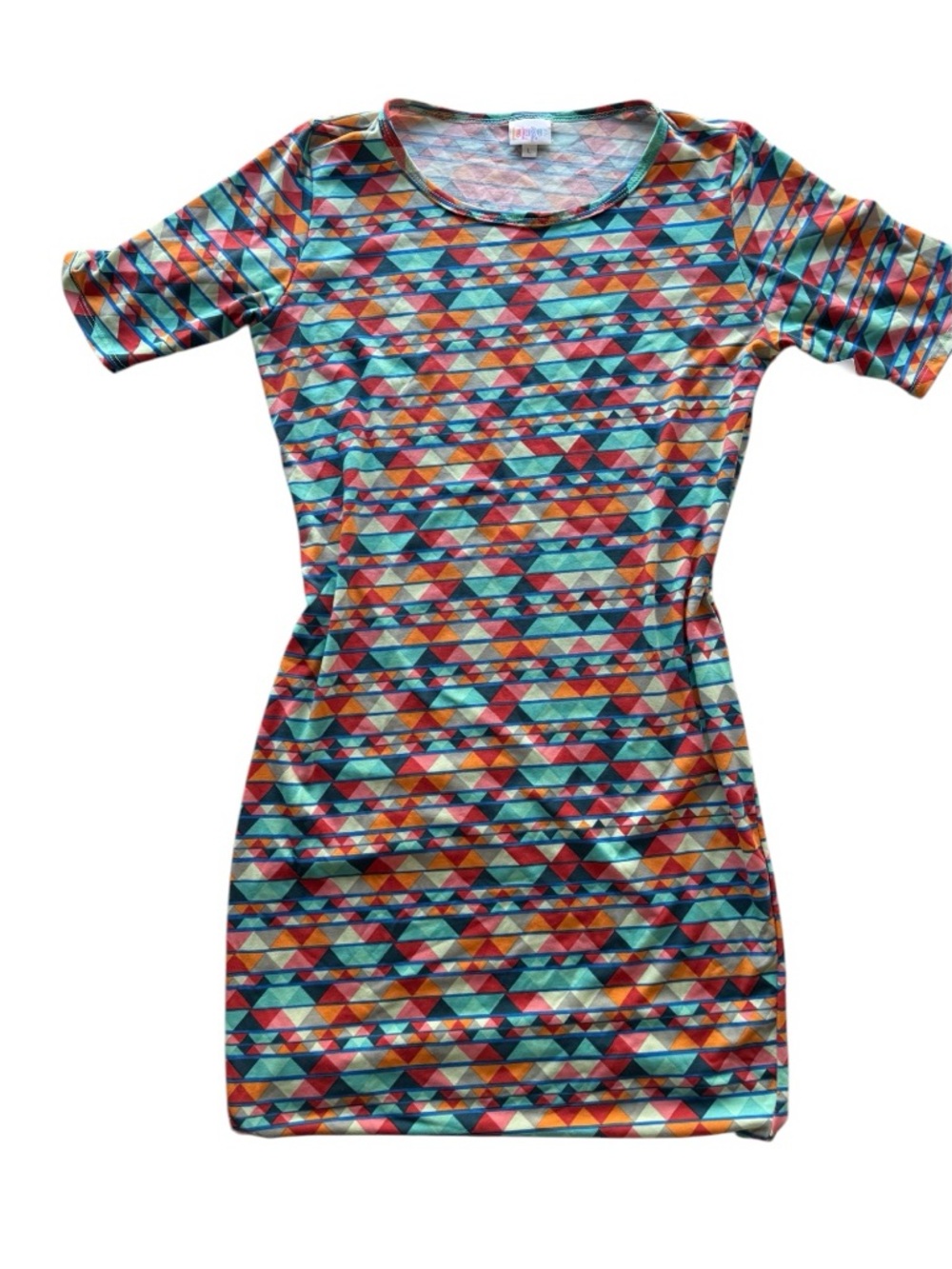 NWT! LuLaRoe Women’s Julia Dress with geometric/multicolor pattern (size L).